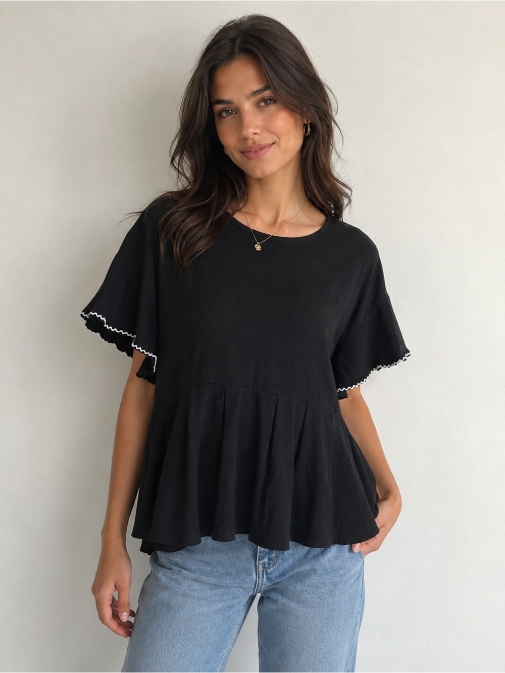 Antropologie Dolan Women Black Peplum Blouse White Trim Short Sleeve